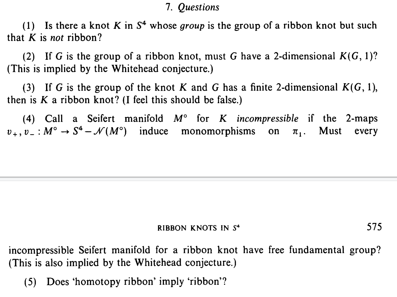 Questions from [Cochran] Ribbon Knots in S^4 (1983)